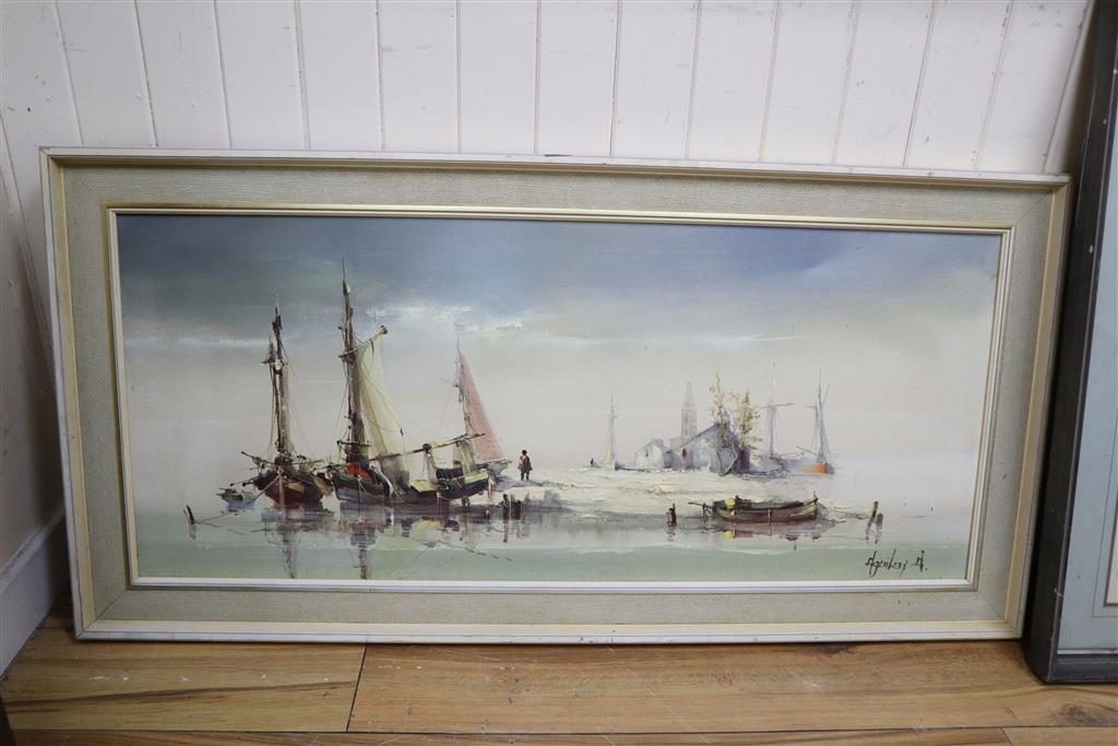 Jorge Aguilar Fishing boats at anchor 44 x 106cm